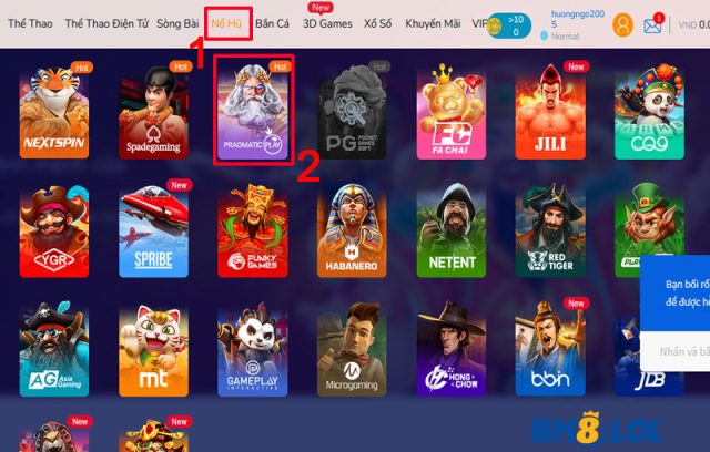 Nhấn chọn nhà cung cấp game Pragmatic Play